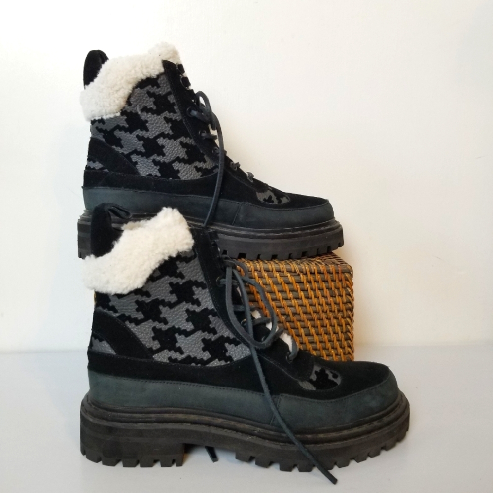 Cecelia New York Henry Leather Faux Fur Houndstooth Lace-Up Moto Combat Boot